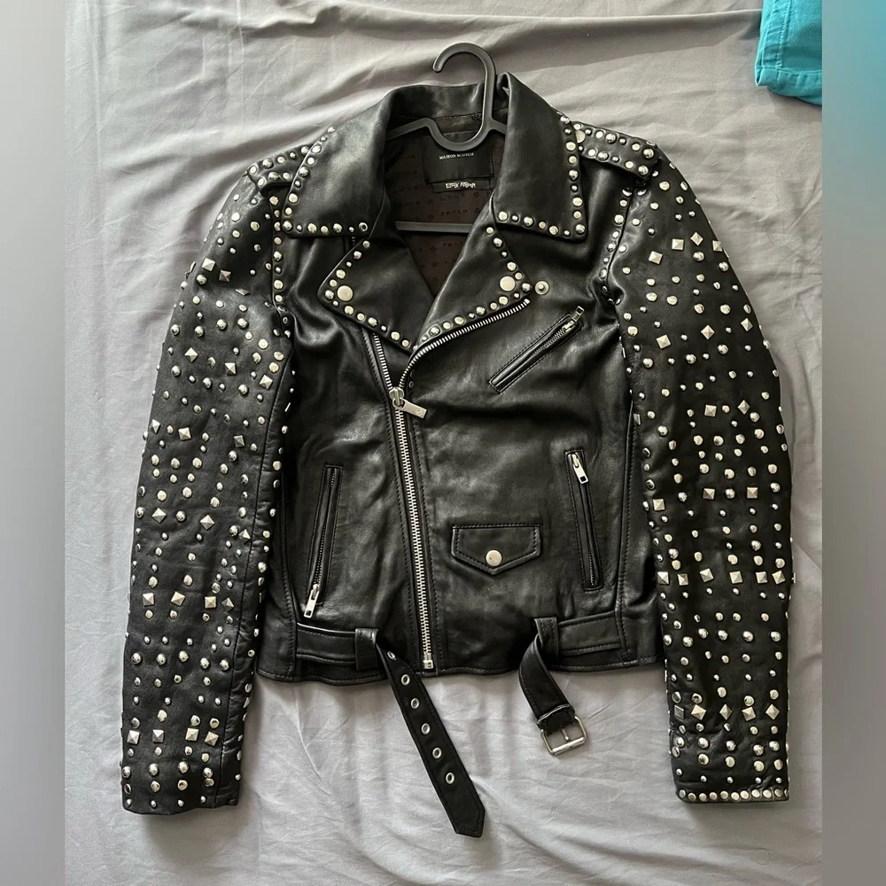 Maison Scotch and Soda Punk Radar Sheepskin Leather Studded Biker Jacket - Picture 1 of 6